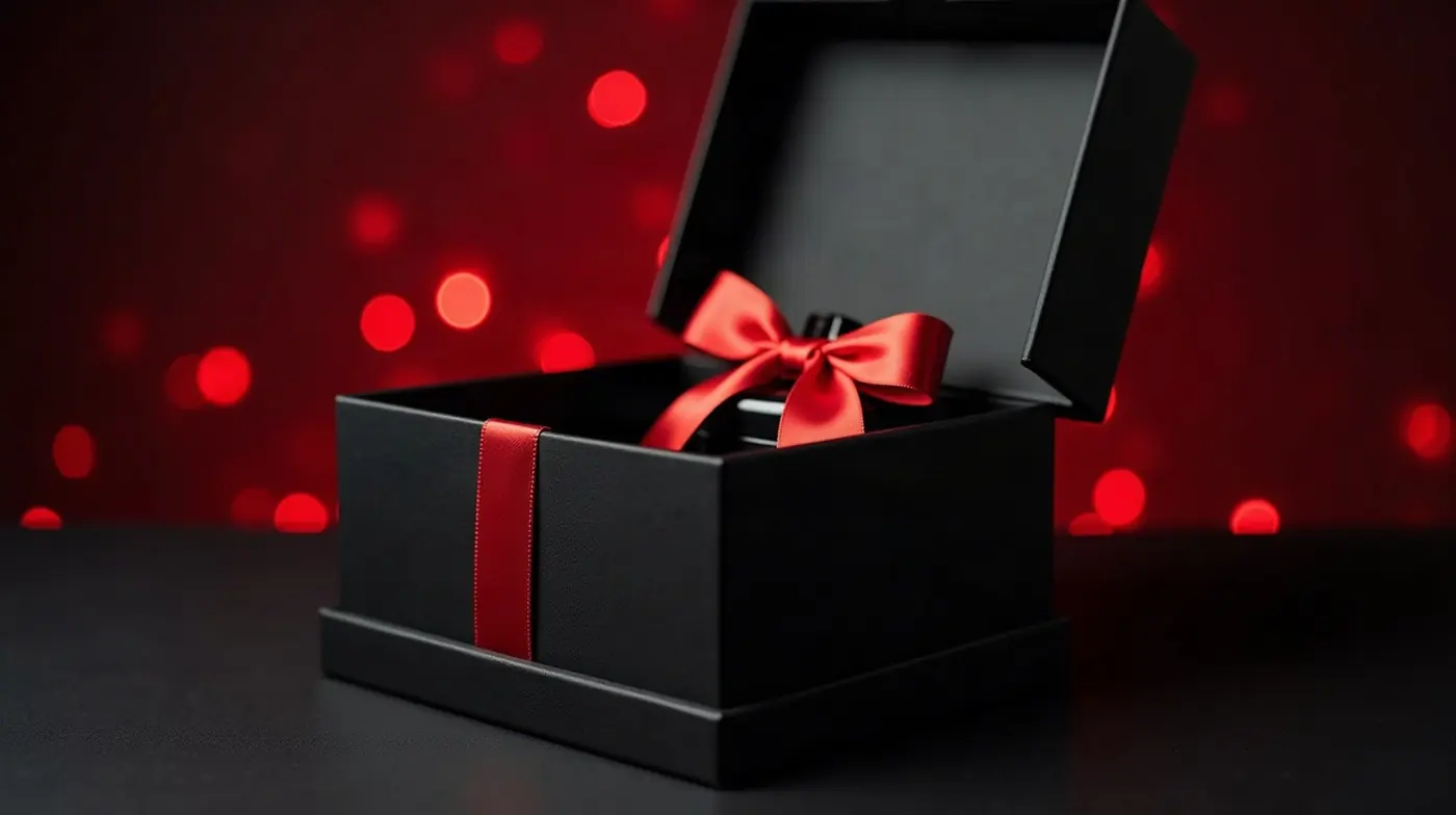 Black Friday hediye parfüm — kırmızı kurdeleli siyah hediye kutusu