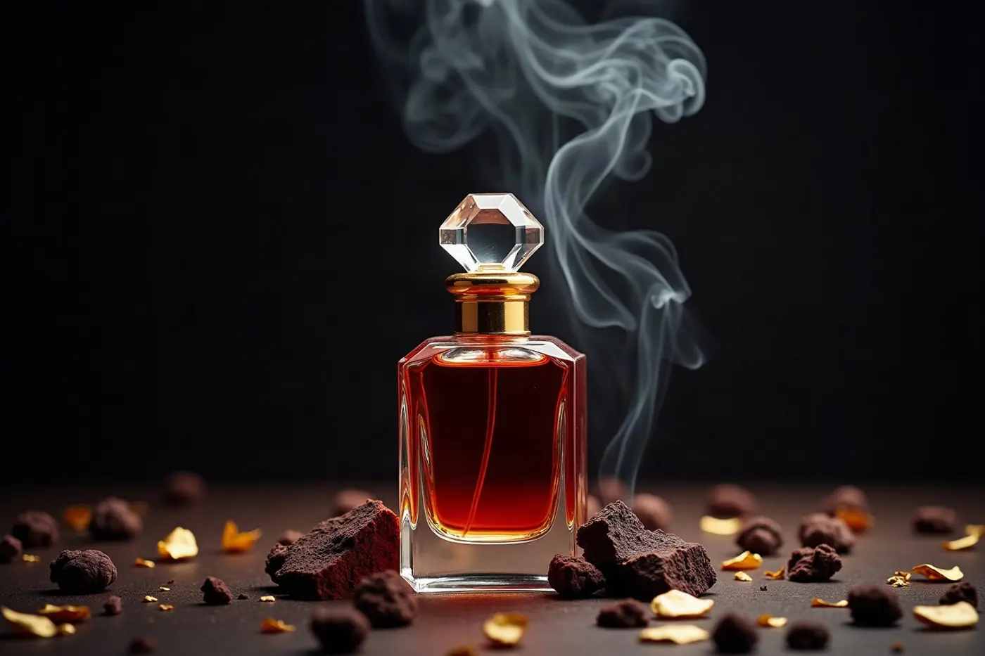 Black Friday niş parfüm — oud ağacı ve tütsü dumanı ile kristal parfüm şişesi