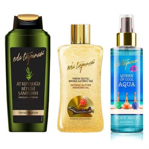 Eda Taşpınar Işıltılı Bronzlaştırıcı Yağ 200 ml+Şampuan 400 ml+Body Mist Aqua 200ml